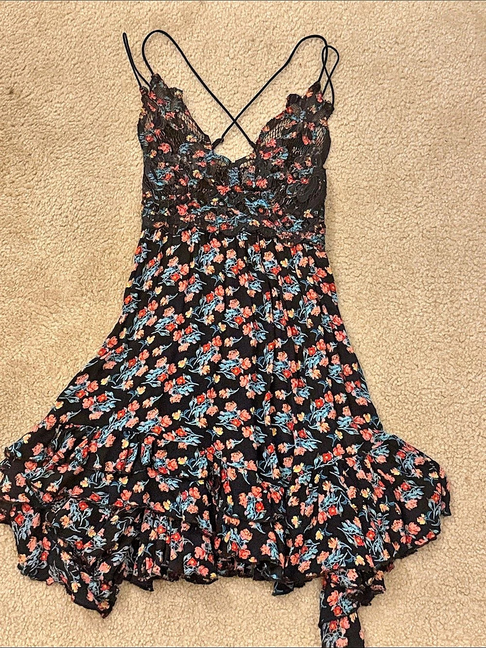 Free People FP One Adella Slip Floral Mini Dress Black & Orange XS/S